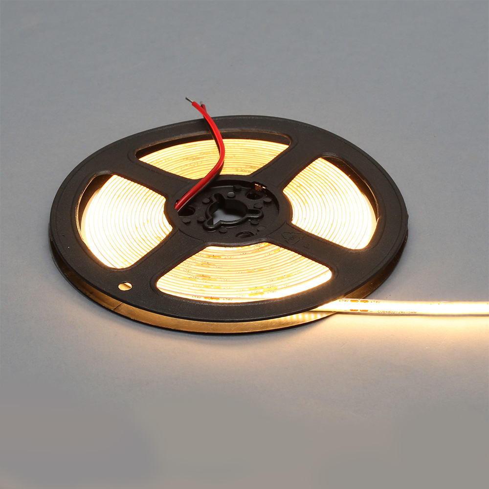 Лента светодиодная COB, 480 LED/м, 10Вт/м, 24В, CRI90, 950-1050 Лм/м 5000х5 мм, IP20, 3000-3500К (теплый белый)